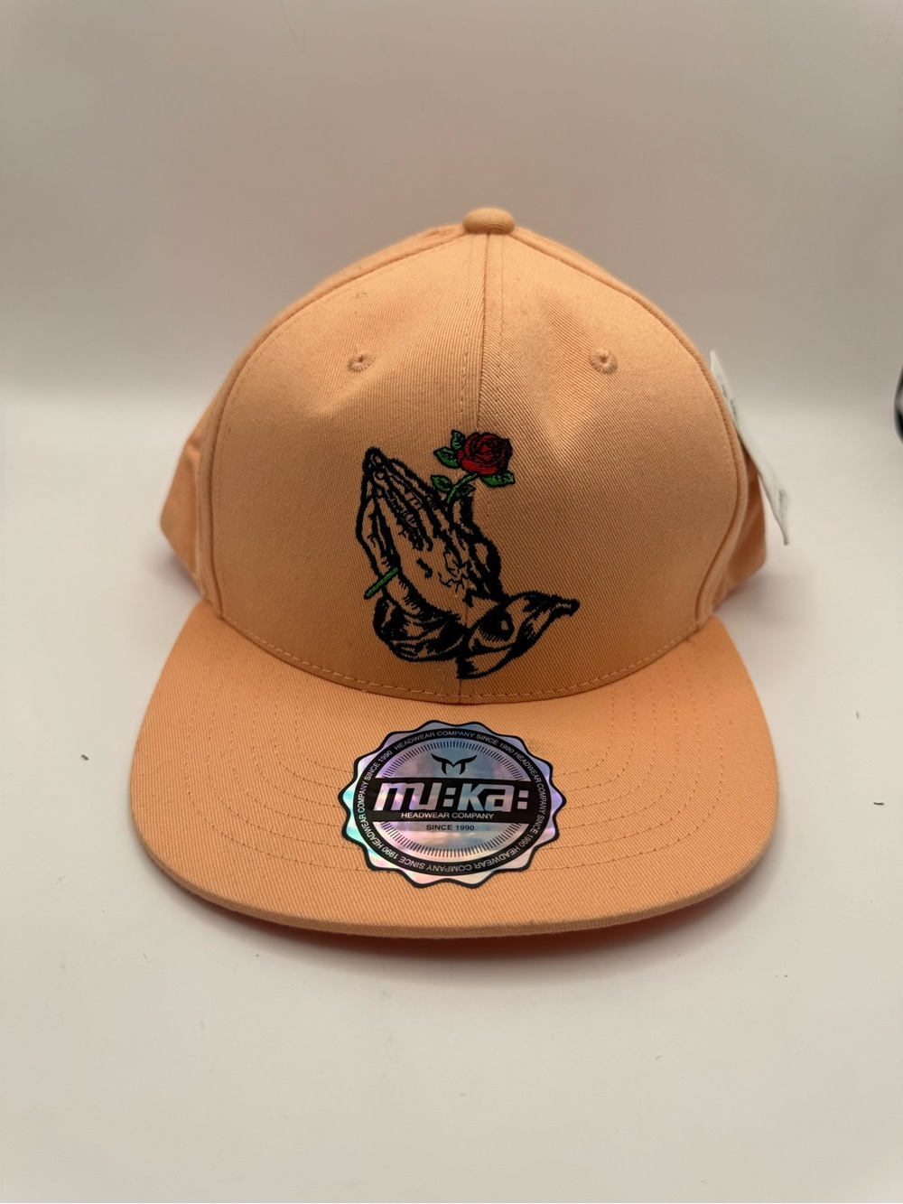 Unbranded Peach Snapback Hat with Praying Hands & Rose Embroidery